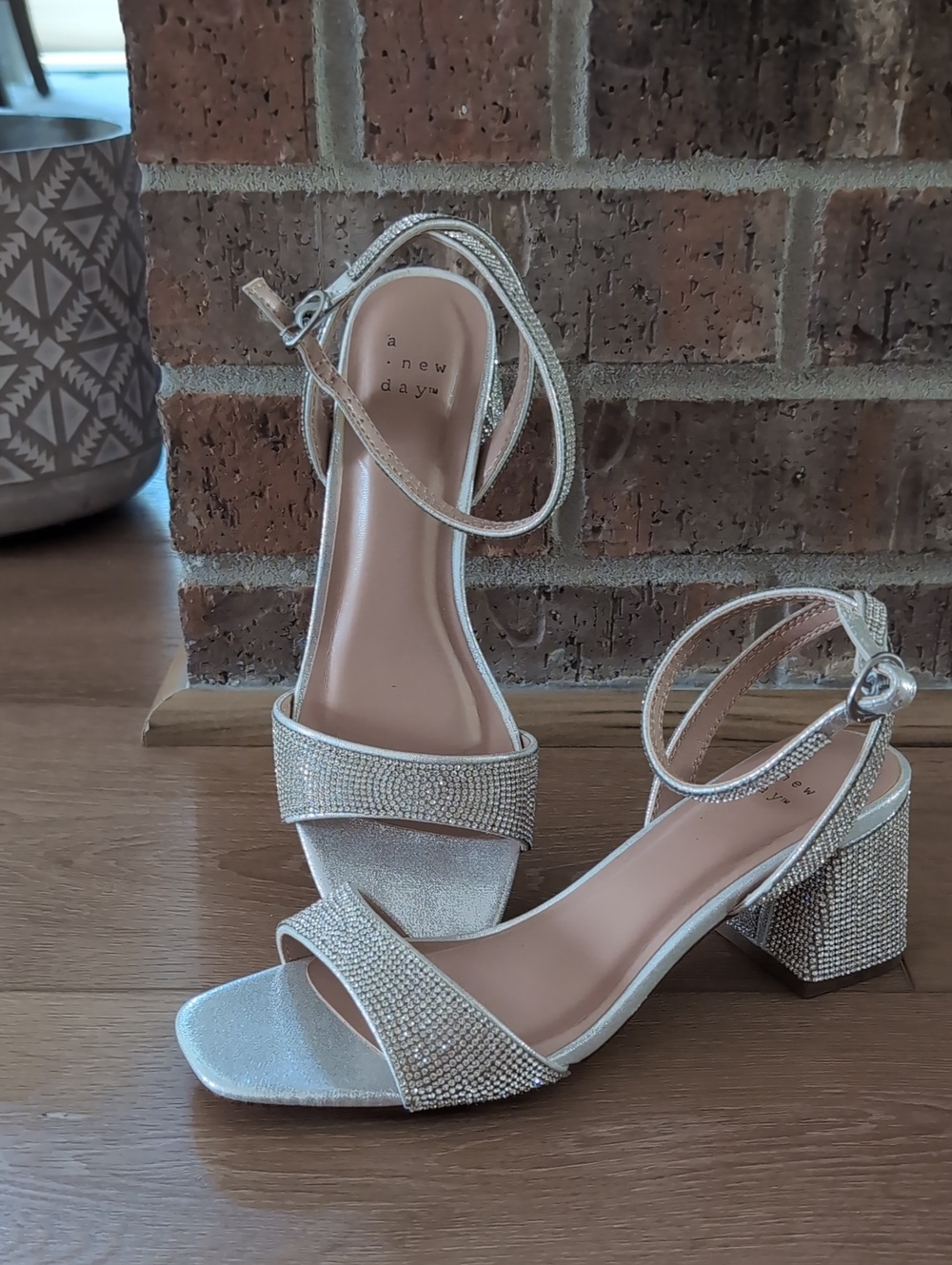 A New Day Silver Rhinestone Block Heel Sandals - Women's 7.5